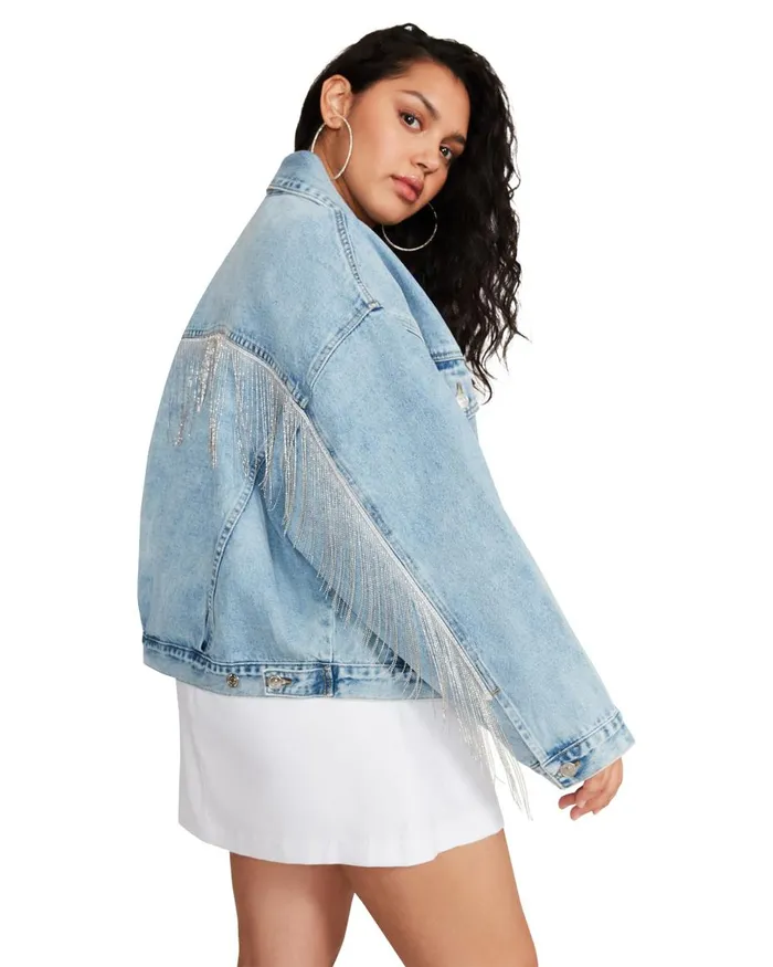 Steve Madden Sienna Denim Jacket Rhinestones Womens Jackets and Coats