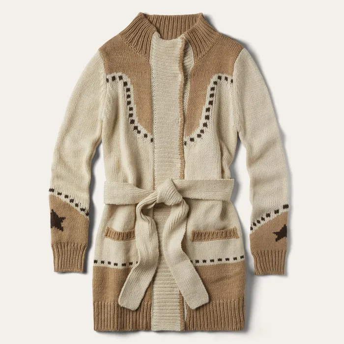 Sweaters Women Stetson Horseshoe and Star Belted Cardigan White