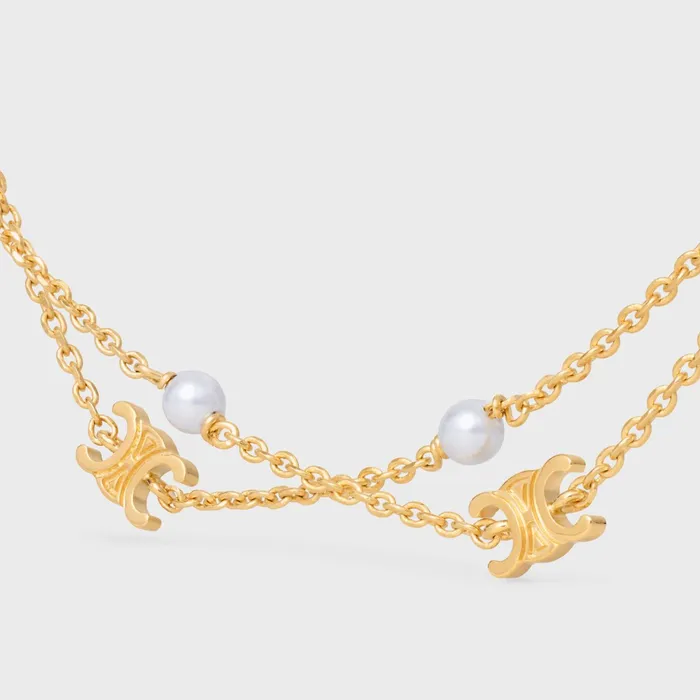 Triomphe Pearl Double Necklace In Brass With Gold Finish And Resin Pearls Gold Ivory Women CELINE TRIOMPHE Triomphe Pearl Double Necklace In Brass With Gold Finish And Resin Pearls Gold Ivory Women CELINE TRIOMPHE