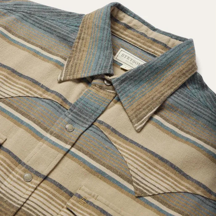 Western Shirts Men Stetson Blue Stripe Flannel Western Shirt Blue