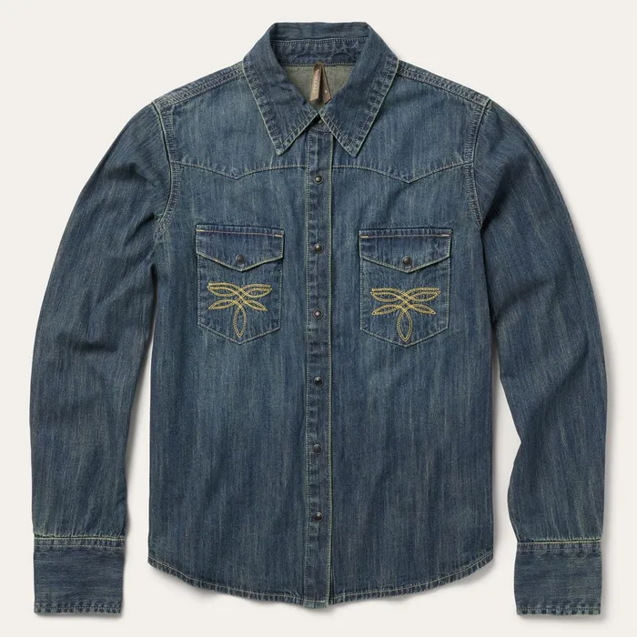 Western Shirts Women Stetson Dirty Denim Boyfriend Fit Shirt Blue