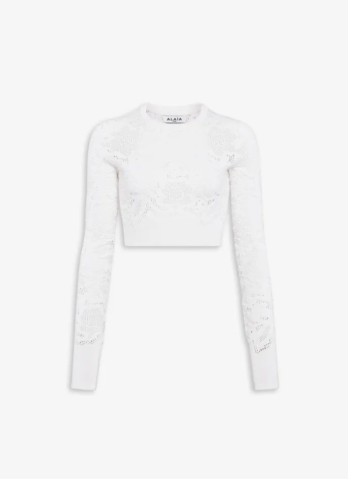 White LONG SLEEVE TOP IN PIQUE LACE KNIT Women Alaa Tops and Shirts