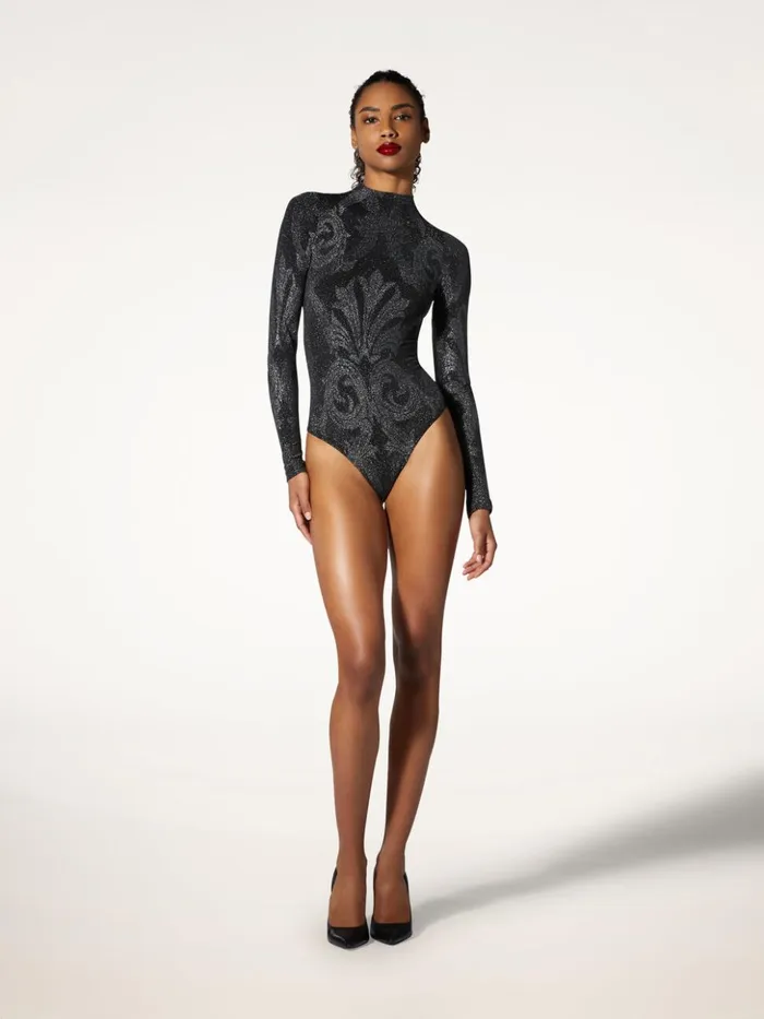 Wolford Metallic Jacquard Body Blacksilver Women Longsleeve Bodies