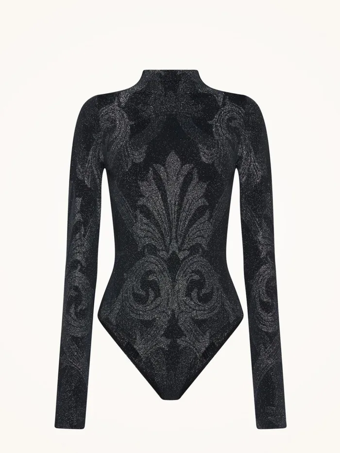 Wolford Metallic Jacquard Body Blacksilver Women Longsleeve Bodies