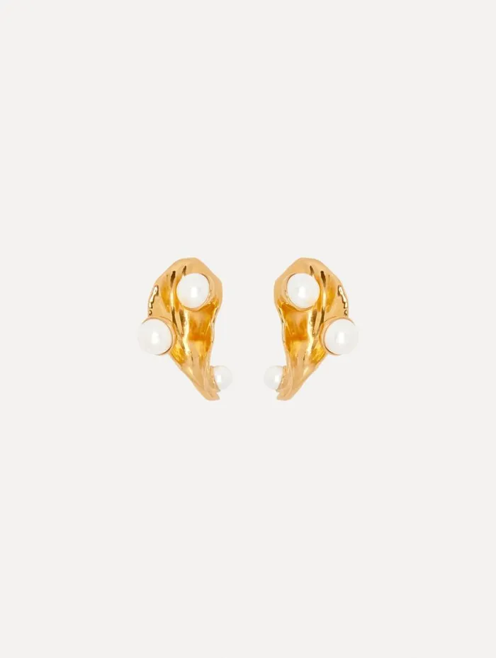 Women Abstract Leaf Pearl ClipOn Earrings Gold Oscar De La Renta Earrings