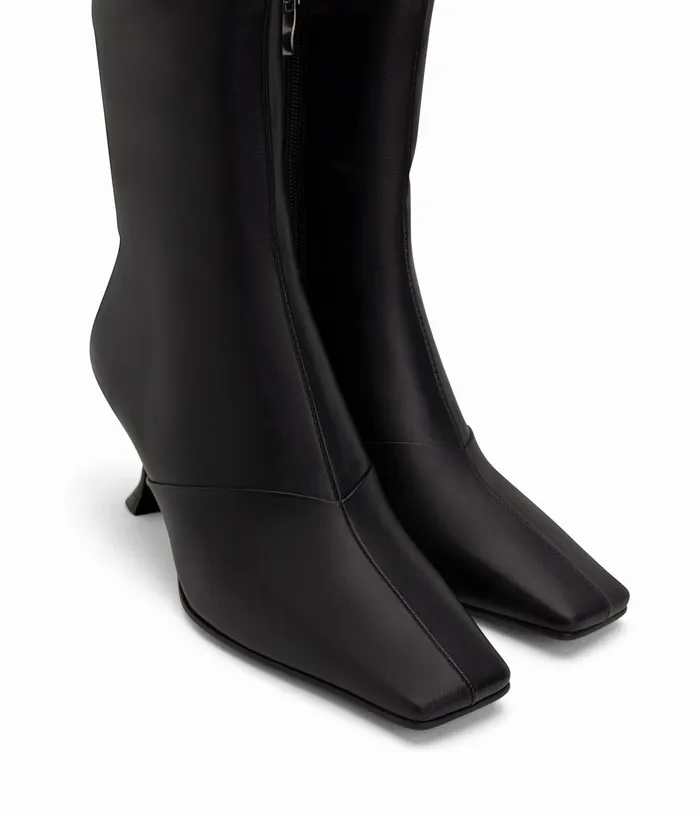 Women Amour Vegan High Heel Boots Black Matt and Nat Heels