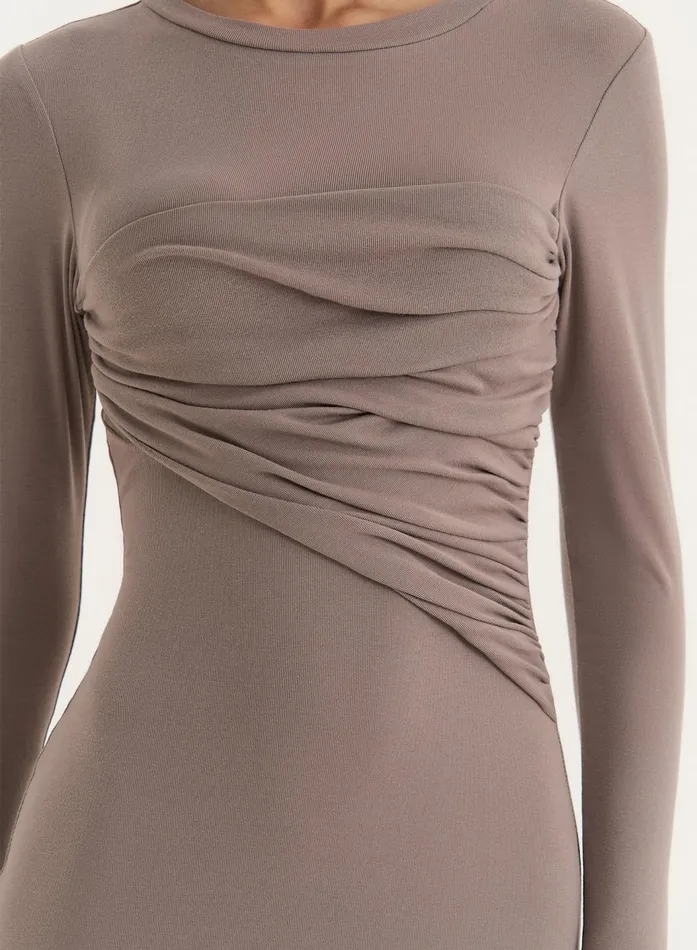 Women Beige Bust Detail Long Sleeve Maxi Dress Xavier 4th and Reckless Dresses