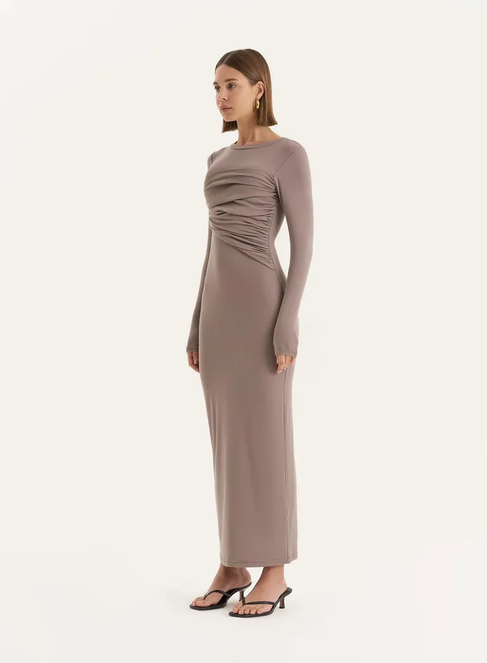 Women Beige Bust Detail Long Sleeve Maxi Dress Xavier 4th and Reckless Dresses