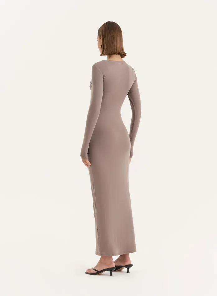Women Beige Bust Detail Long Sleeve Maxi Dress Xavier 4th and Reckless Dresses