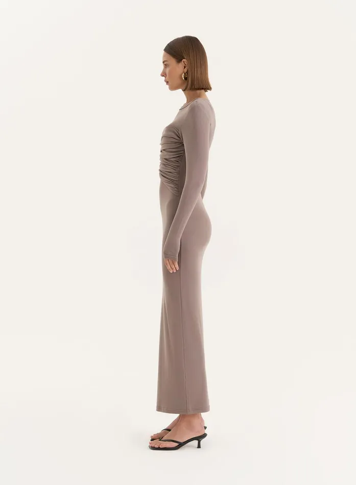 Women Beige Bust Detail Long Sleeve Maxi Dress Xavier 4th and Reckless Dresses