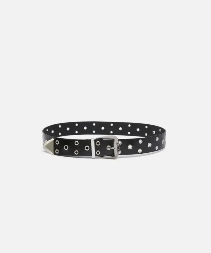 Women Belts Pinko Leather Belt With Eyelets 4cm Limo Blackshiny Nickel