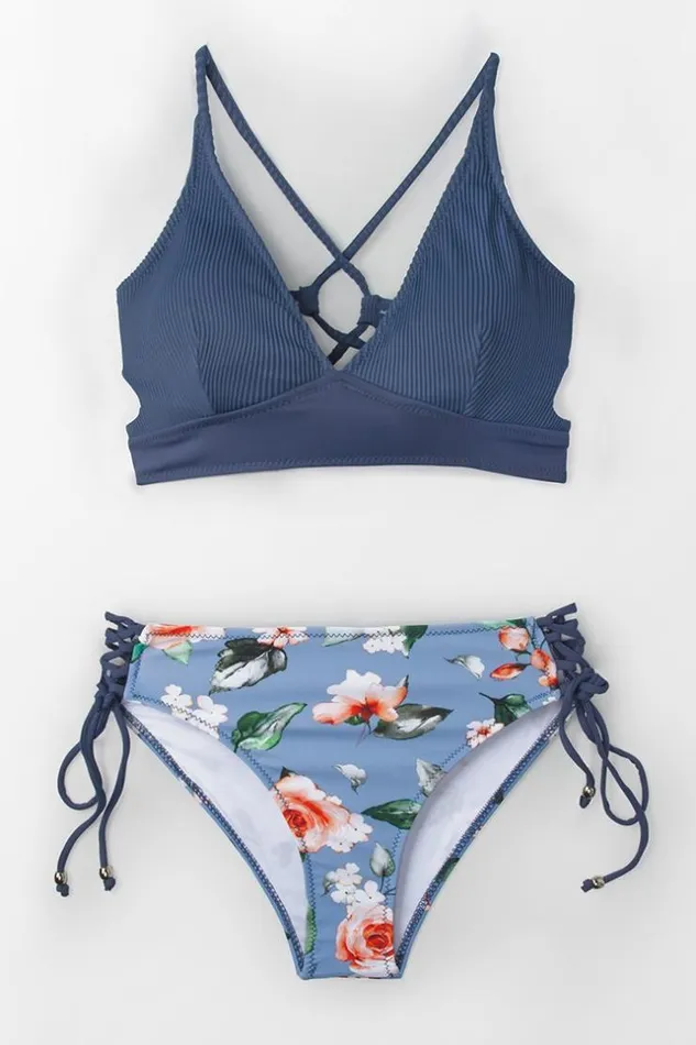 Women Bikini Sets Cupshe Blue And Floral LaceUp Bikini Blue