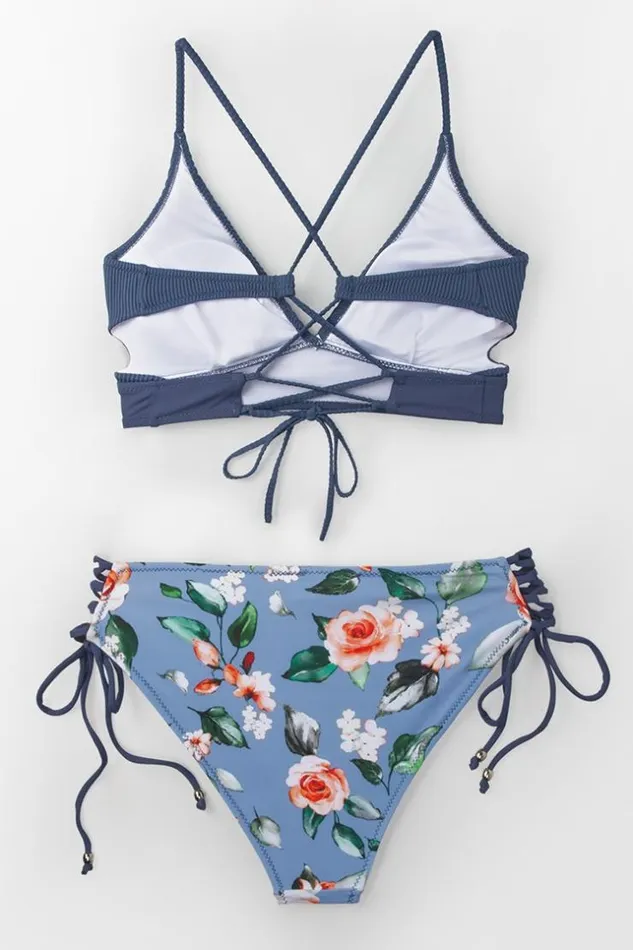 Women Bikini Sets Cupshe Blue And Floral LaceUp Bikini Blue