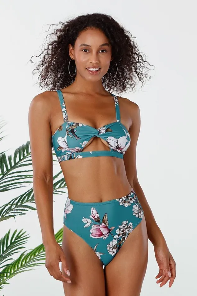 Women Bikini Sets Cupshe Blue Floral Twist Cutout High Waisted Bikini Blue