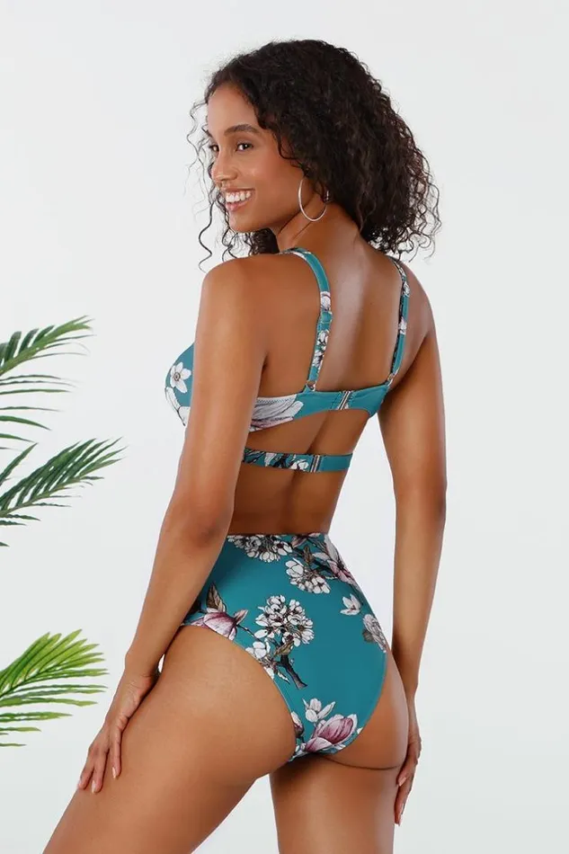 Women Bikini Sets Cupshe Blue Floral Twist Cutout High Waisted Bikini Blue