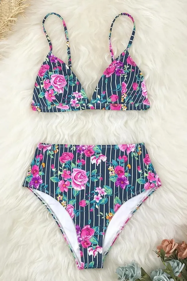 Women Bikini Sets Cupshe Floral And Striped High Waisted Bikini Multicolor