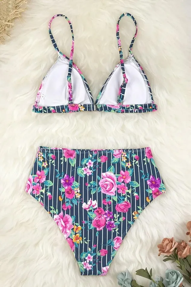 Women Bikini Sets Cupshe Floral And Striped High Waisted Bikini Multicolor