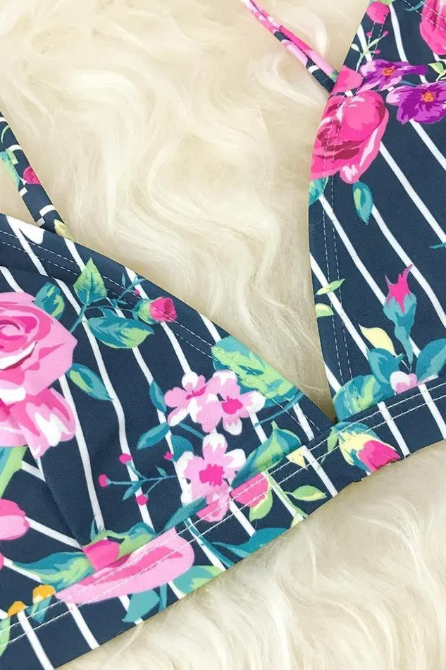 Women Bikini Sets Cupshe Floral And Striped High Waisted Bikini Multicolor