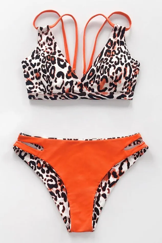 Women Bikini Sets Cupshe Orange Trim Leopard Print Strappy Bikini Multicolor