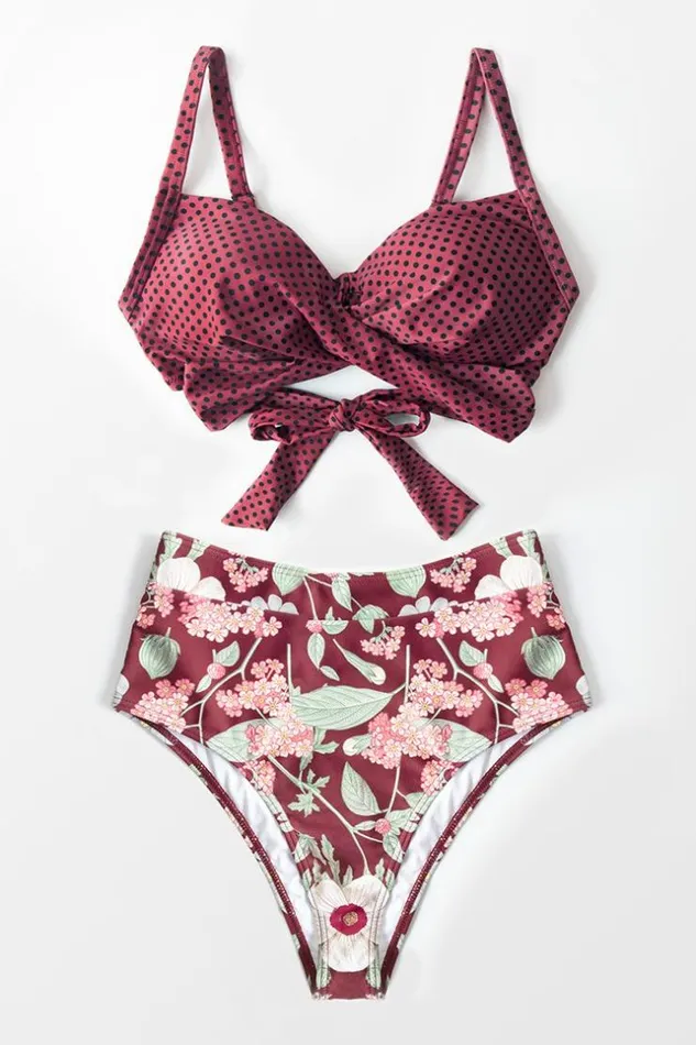 Women Bikini Sets Cupshe Polka Dot And Floral Twist High Waist Bikini Multicolor