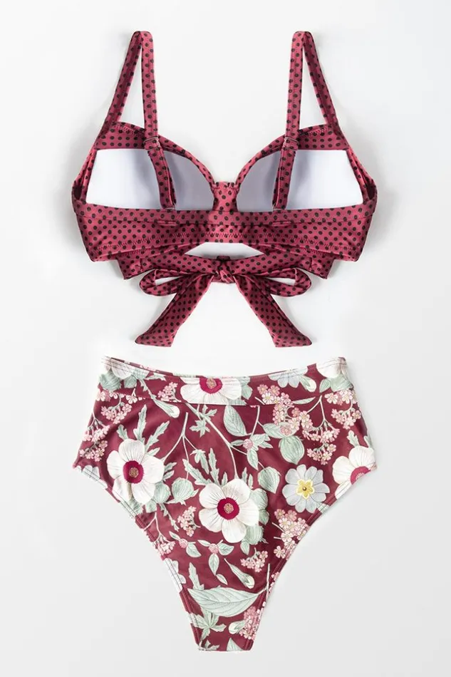 Women Bikini Sets Cupshe Polka Dot And Floral Twist High Waist Bikini Multicolor