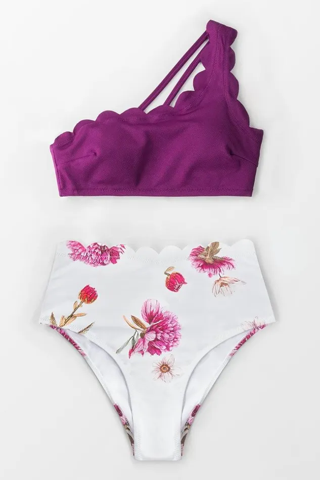 Women Bikini Sets Cupshe Purple And Floral One Shoulder Scalloped High Waist Bikini Purple