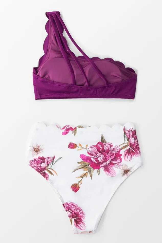 Women Bikini Sets Cupshe Purple And Floral One Shoulder Scalloped High Waist Bikini Purple