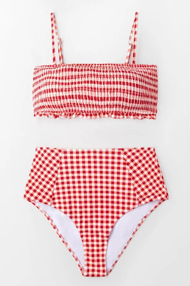 Women Bikini Sets Cupshe Red Gingham Smocked High Waist Bikini Redwhite