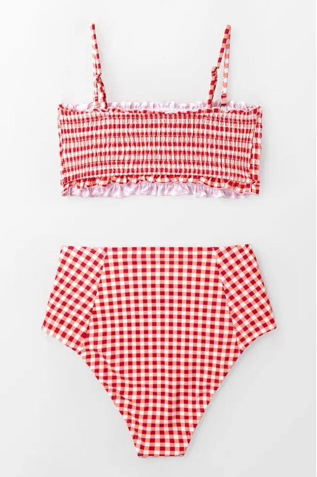 Women Bikini Sets Cupshe Red Gingham Smocked High Waist Bikini Redwhite