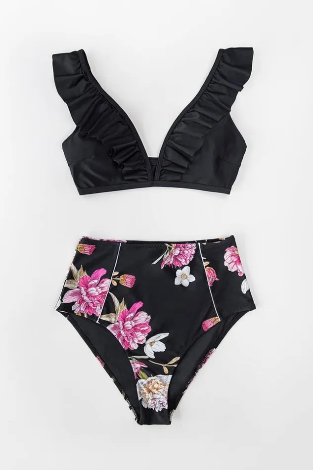 Women Bikini Sets Cupshe Summer Seaside Ruffled Bralette And High Waist Bikini Set Multicolor