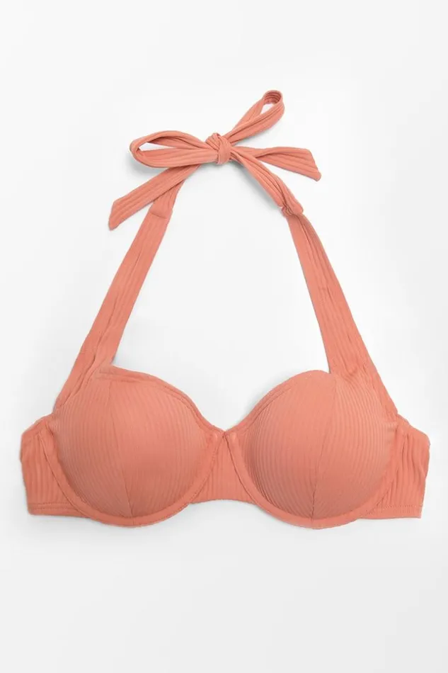 Women Bikini Tops Cupshe Ribbed Sunburst Rib Halter Underwire Bikini Top Orange