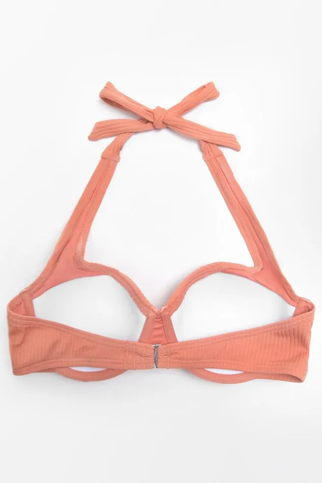 Women Bikini Tops Cupshe Ribbed Sunburst Rib Halter Underwire Bikini Top Orange