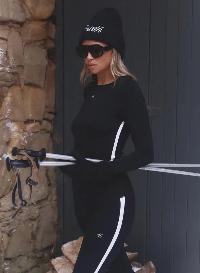 Women Black 4th Branded Contrast Piping Long Sleeve Top Indra 4th and Reckless Athleisure