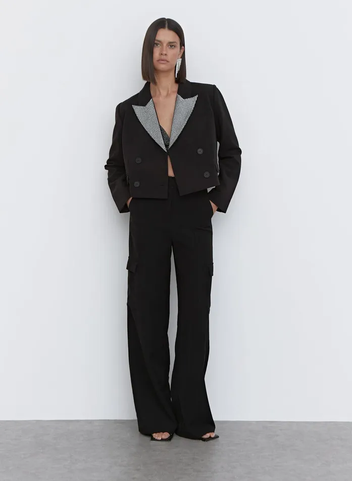 Women Black Diamante Collar Cropped Blazer 8211 Tabitha 4th and Reckless Blazers