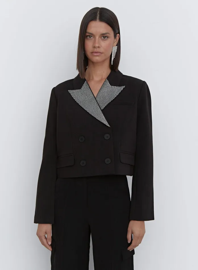 Women Black Diamante Collar Cropped Blazer 8211 Tabitha 4th and Reckless Blazers