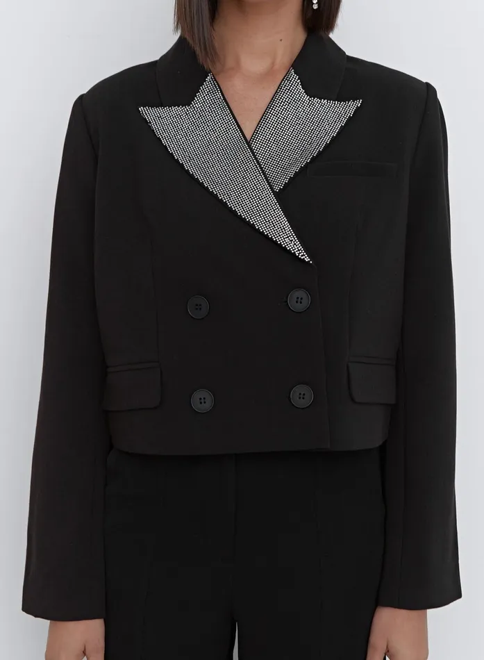 Women Black Diamante Collar Cropped Blazer 8211 Tabitha 4th and Reckless Blazers