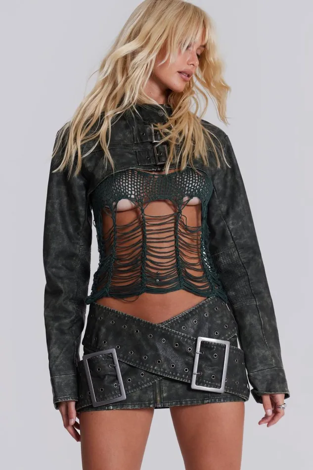 Women Black Faux Leather Cropped Biker Jacket Jaded London CoOrds
