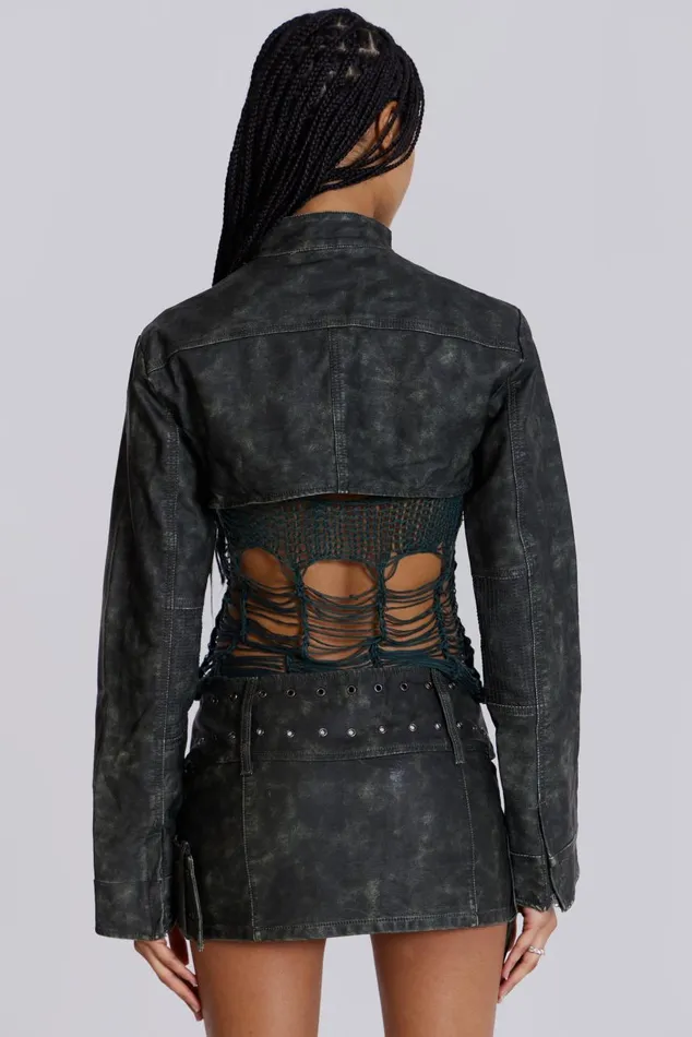 Women Black Faux Leather Cropped Biker Jacket Jaded London CoOrds