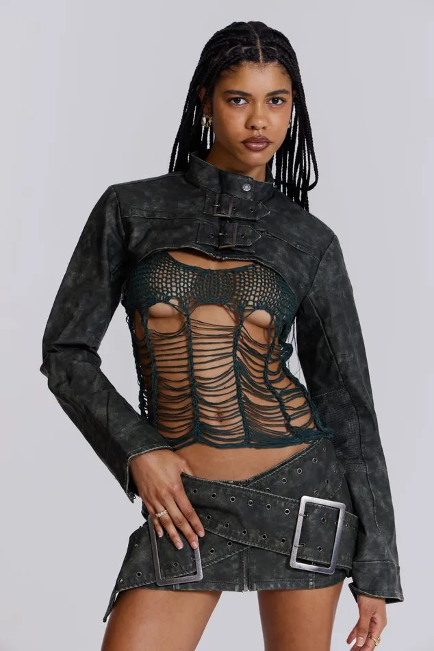 Women Black Faux Leather Cropped Biker Jacket Jaded London CoOrds