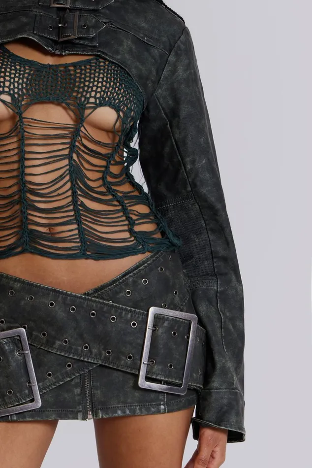Women Black Faux Leather Cropped Biker Jacket Jaded London CoOrds