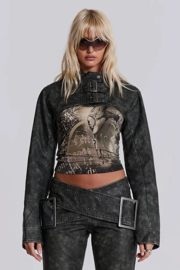 Women Black Faux Leather Cropped Biker Jacket Jaded London CoOrds