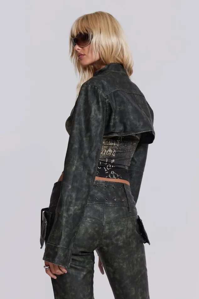 Women Black Faux Leather Cropped Biker Jacket Jaded London CoOrds