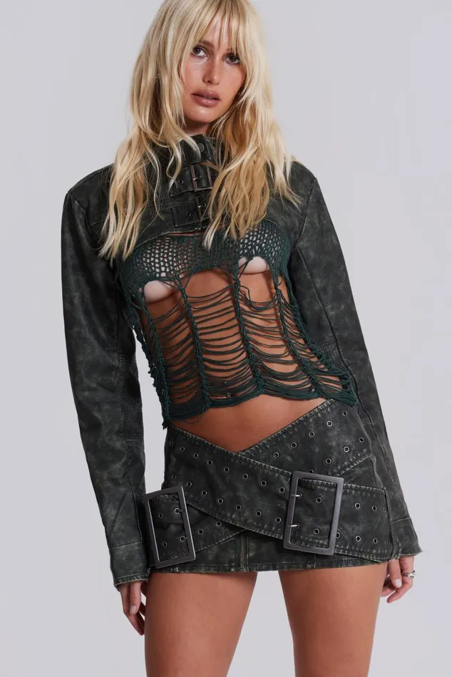 Women Black Faux Leather Cropped Biker Jacket Jaded London CoOrds