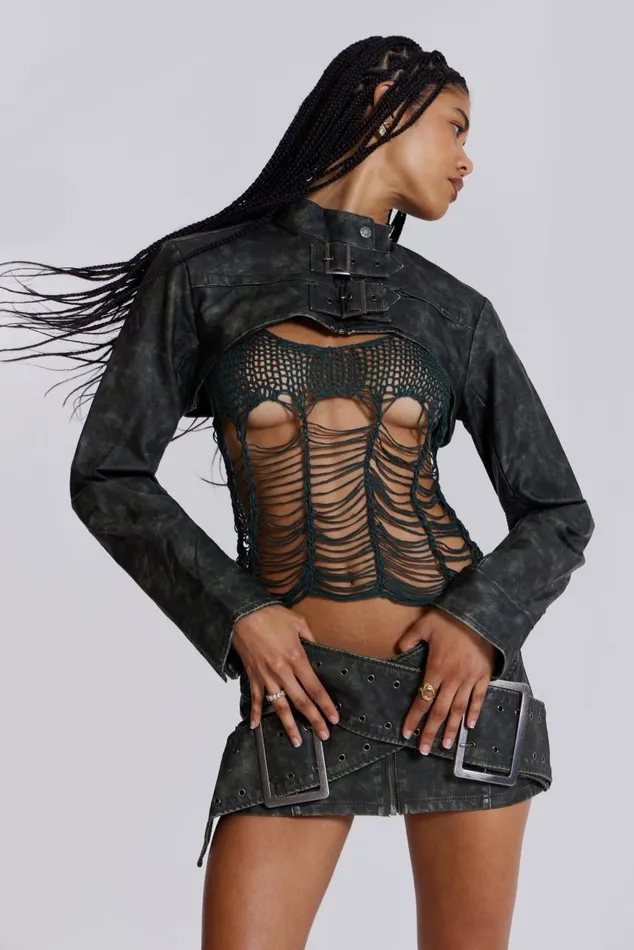 Women Black Faux Leather Cropped Biker Jacket Jaded London CoOrds