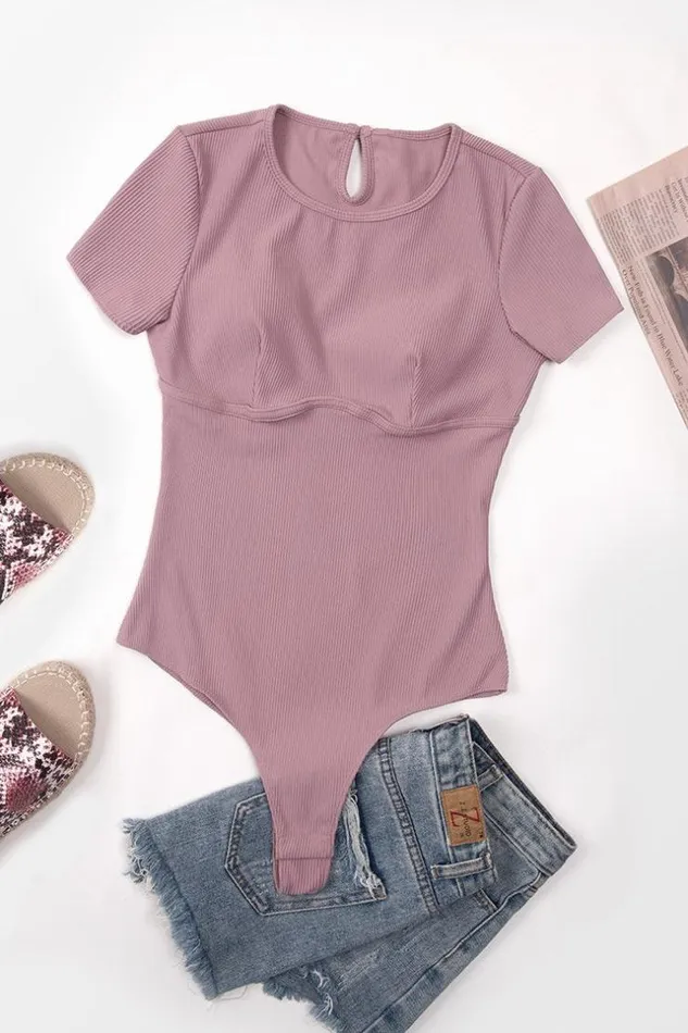 Women Bodysuits Cupshe Angelica Round Neck Short Sleeve Cheeky Bodysuit Dust Pink