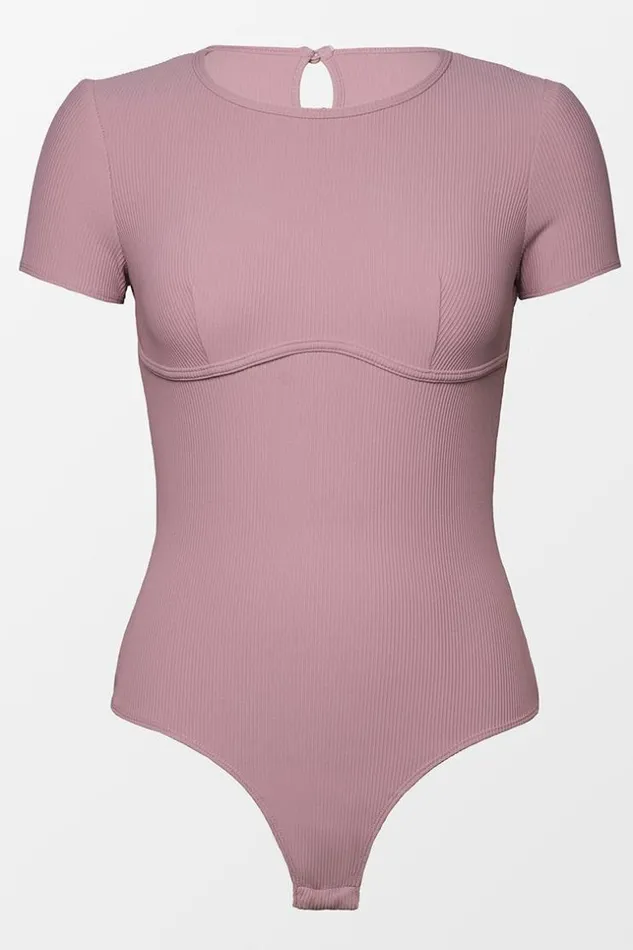 Women Bodysuits Cupshe Angelica Round Neck Short Sleeve Cheeky Bodysuit Dust Pink