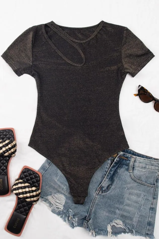 Women Bodysuits Cupshe Jayda Shiny Cutout Bodysuit Black
