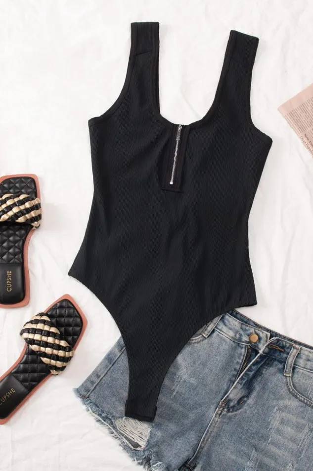 Women Bodysuits Cupshe Micah Zip Tank Bodysuit Black