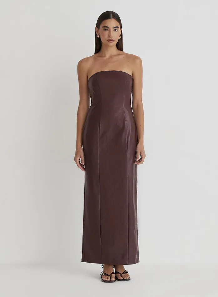 Women Burgundy Faux Leather Bandeau Maxi Dress Karina 4th and Reckless Dresses