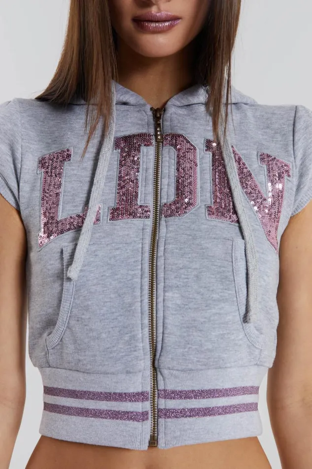 Women Cap Sleeve Hoodie With Sequin LDN and Stripe Rib Hem Jaded London Hoodies and Sweatshirts
